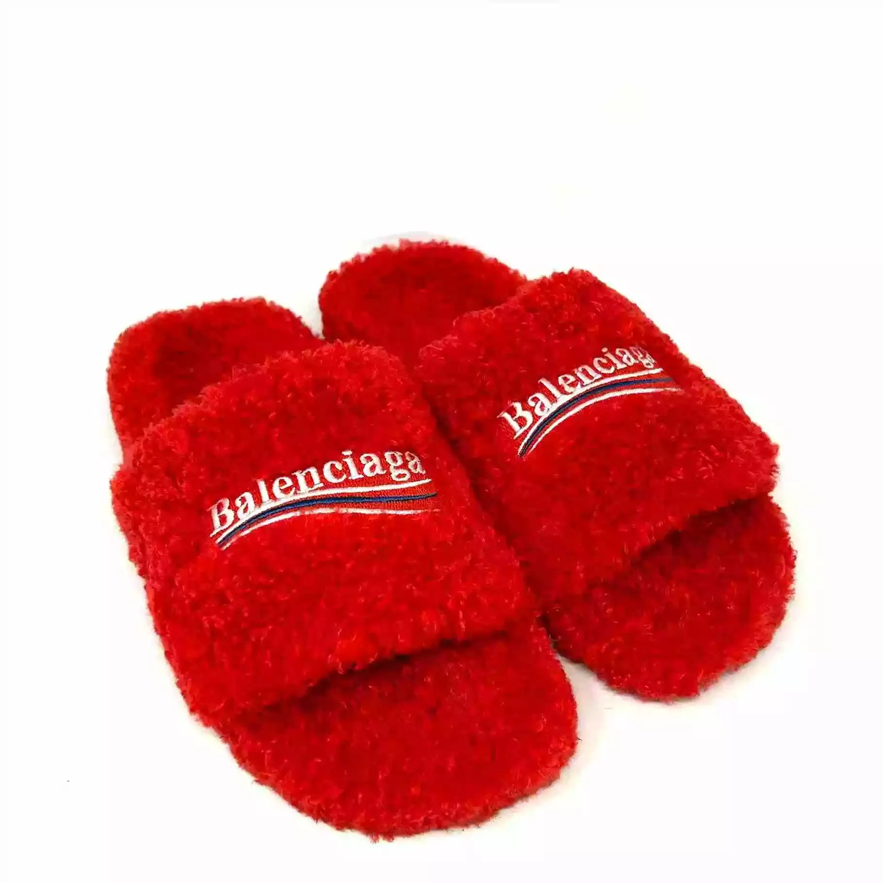 Balenciaga Furry Slipper Red Faux Shearling Logo Flat Mule Sandals 41 UK 8