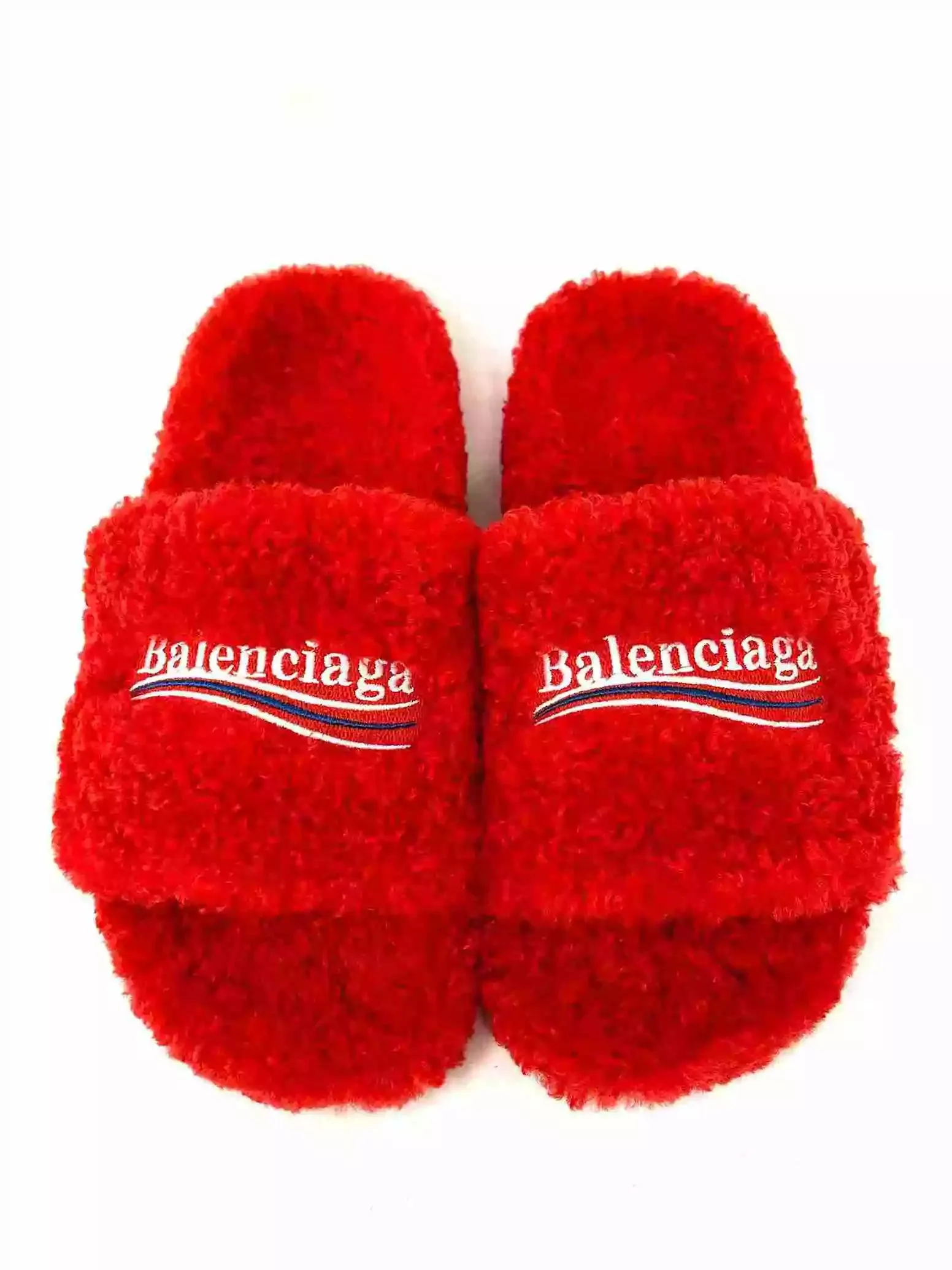 Balenciaga Furry Slipper Red Faux Shearling Logo Flat Mule Sandals 41 UK 8