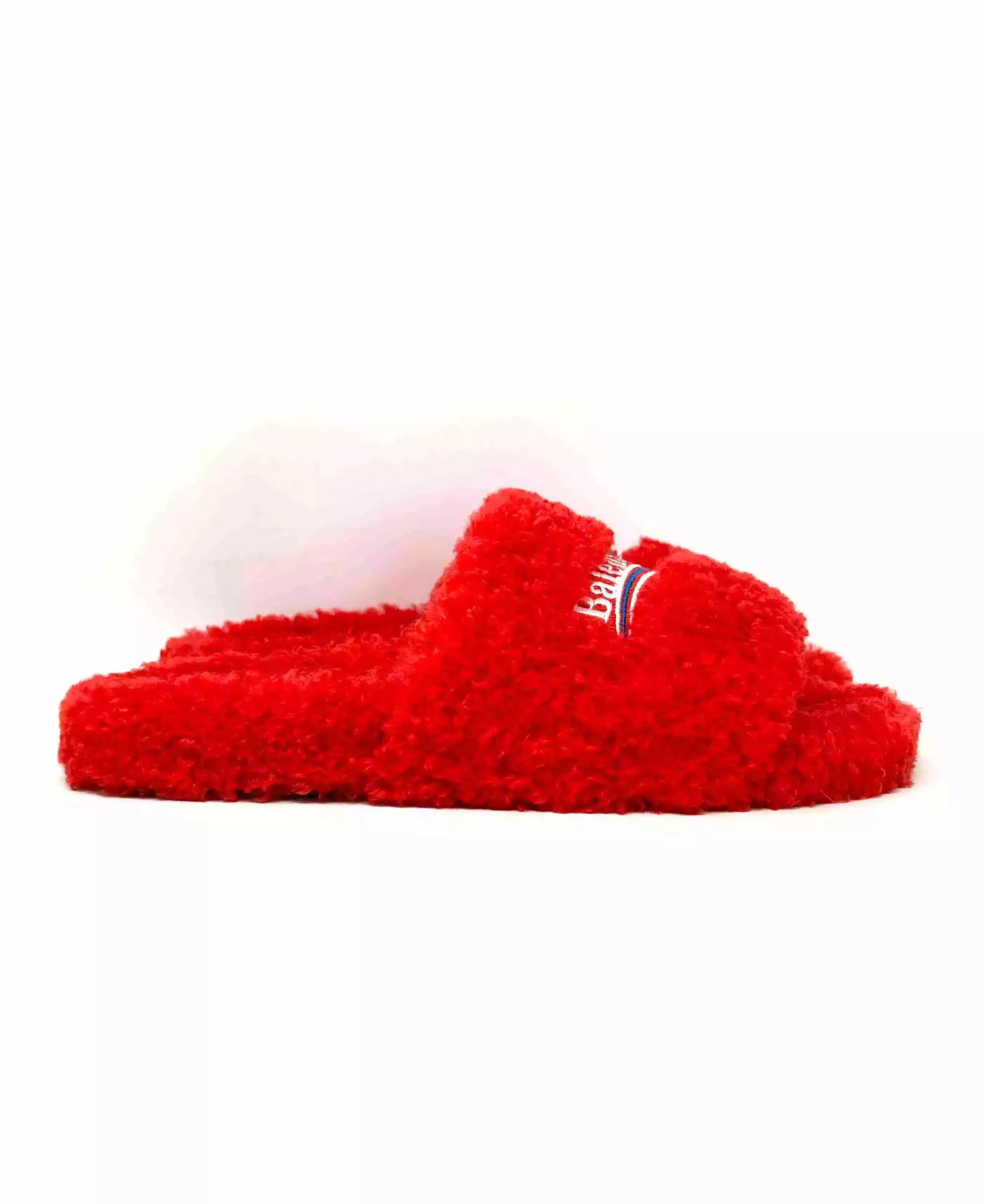 Balenciaga Furry Slipper Red Faux Shearling Logo Flat Mule Sandals 41 UK 8