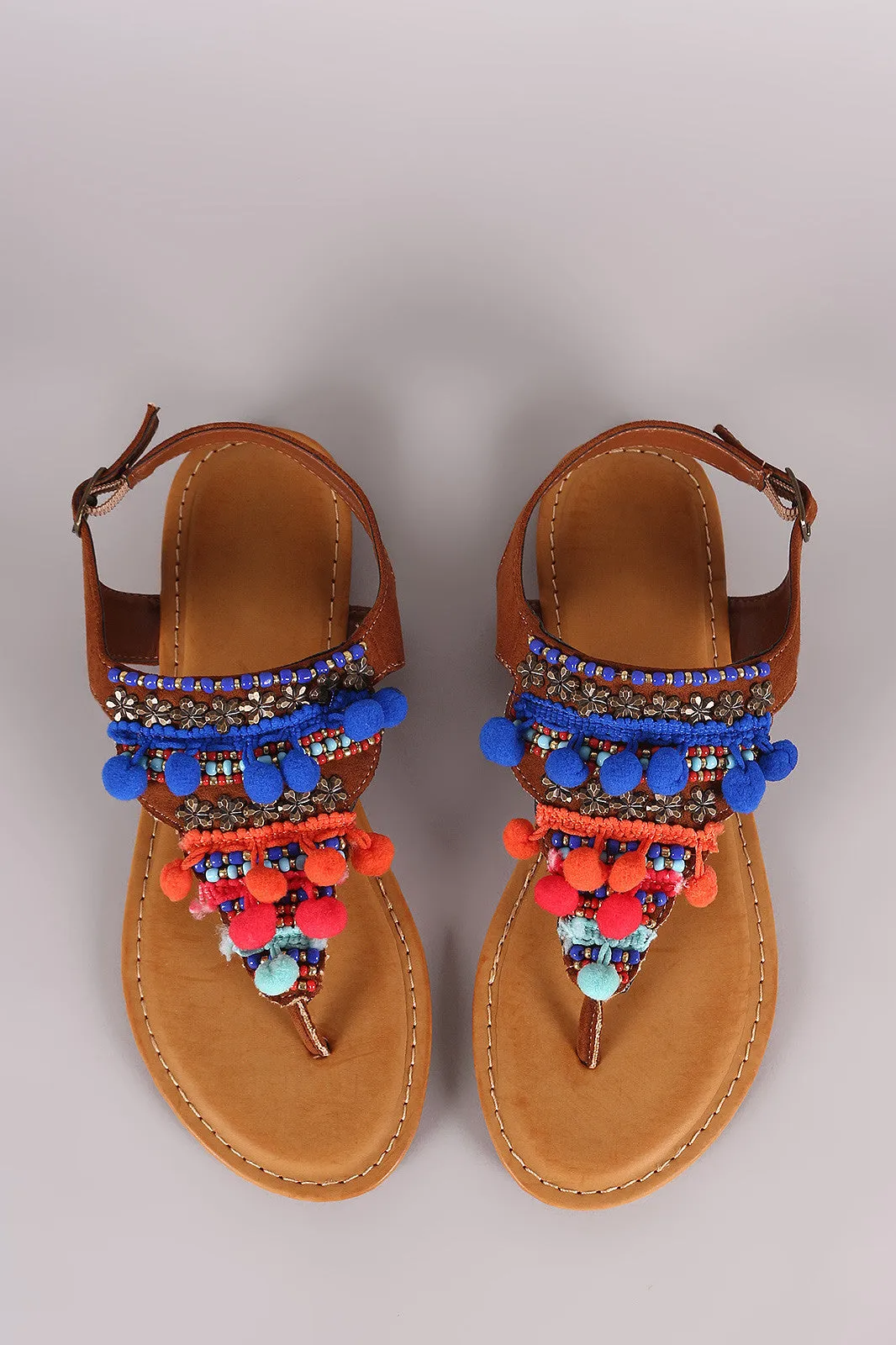 Bamboo Suede Pom Pom And Hardware Embellished Flat Sandal