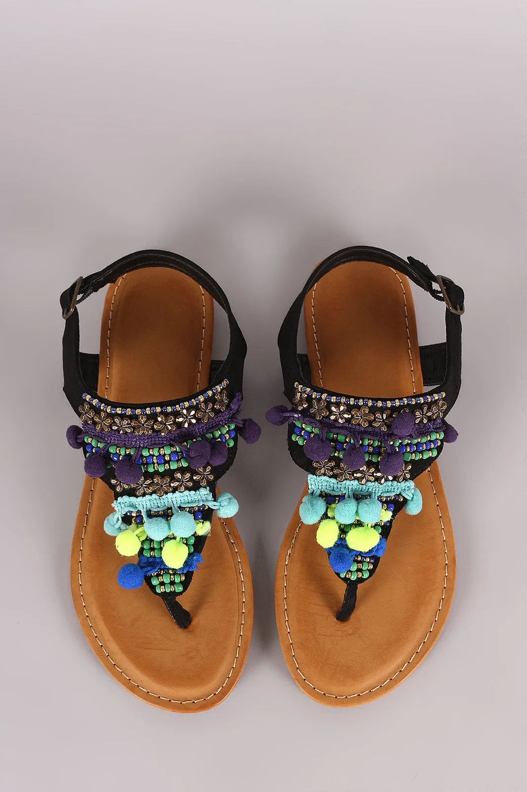 Bamboo Suede Pom Pom And Hardware Embellished Flat Sandal