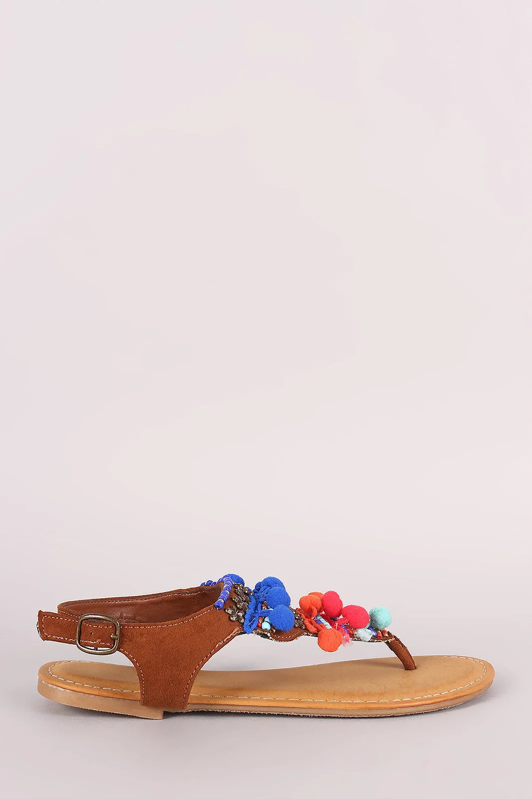 Bamboo Suede Pom Pom And Hardware Embellished Flat Sandal