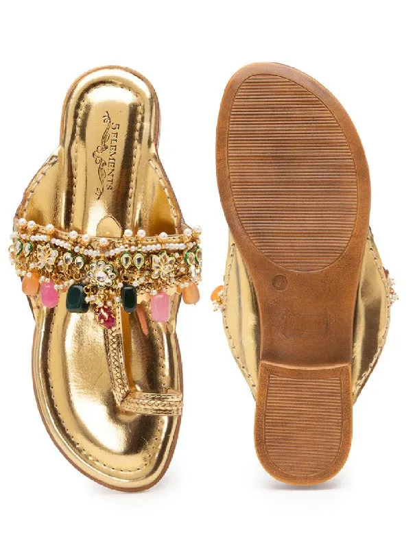 Bejewelled - Gold Semi Precious Stone Embellished Kolhapuri Flats