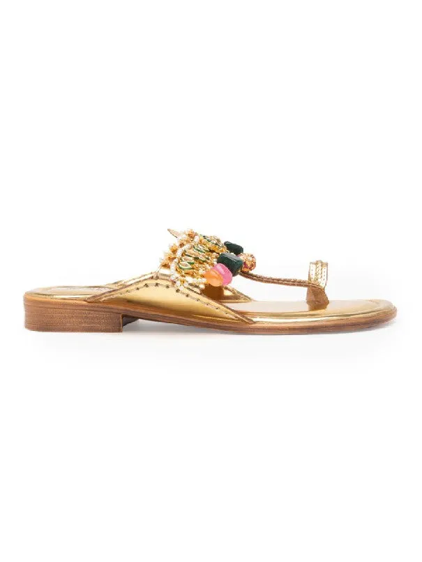 Bejewelled - Gold Semi Precious Stone Embellished Kolhapuri Flats