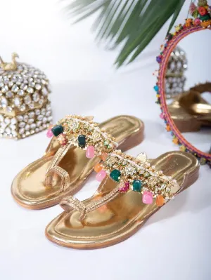 Bejewelled - Gold Semi Precious Stone Embellished Kolhapuri Flats