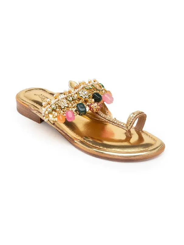 Bejewelled - Gold Semi Precious Stone Embellished Kolhapuri Flats