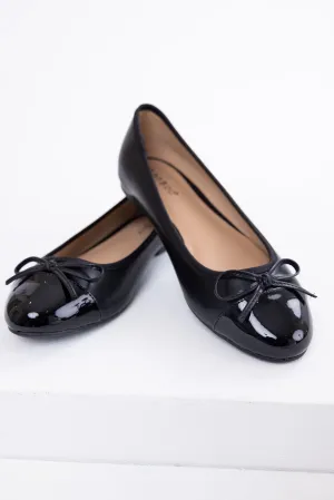 Black Faux Leather Shiny Toe Ballerina Flats