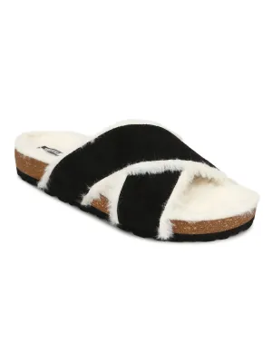 Black Furry Crisscross Strap Cork Sandals