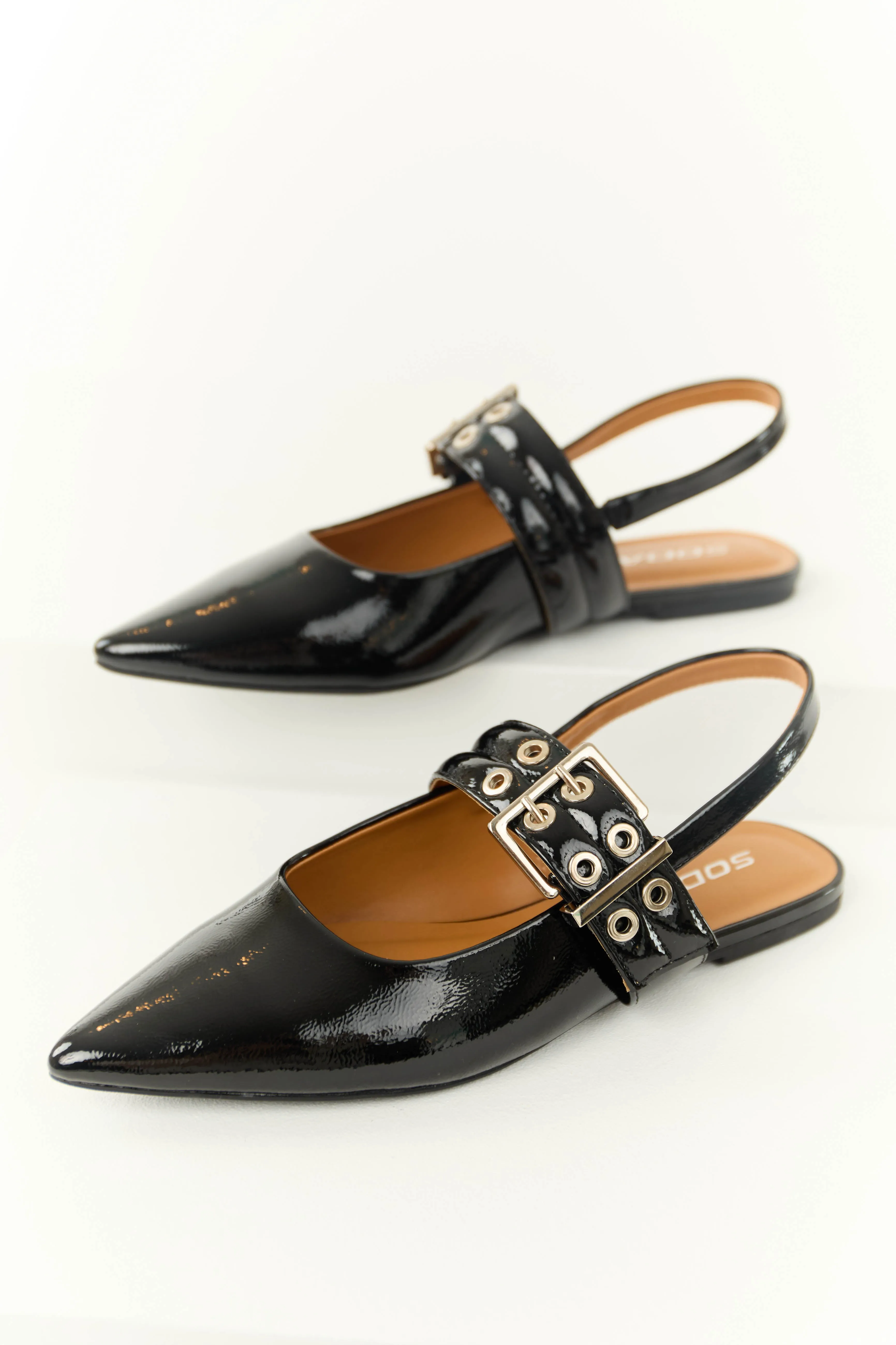 Black Pointed Toe Thick Buckle Strap Flats