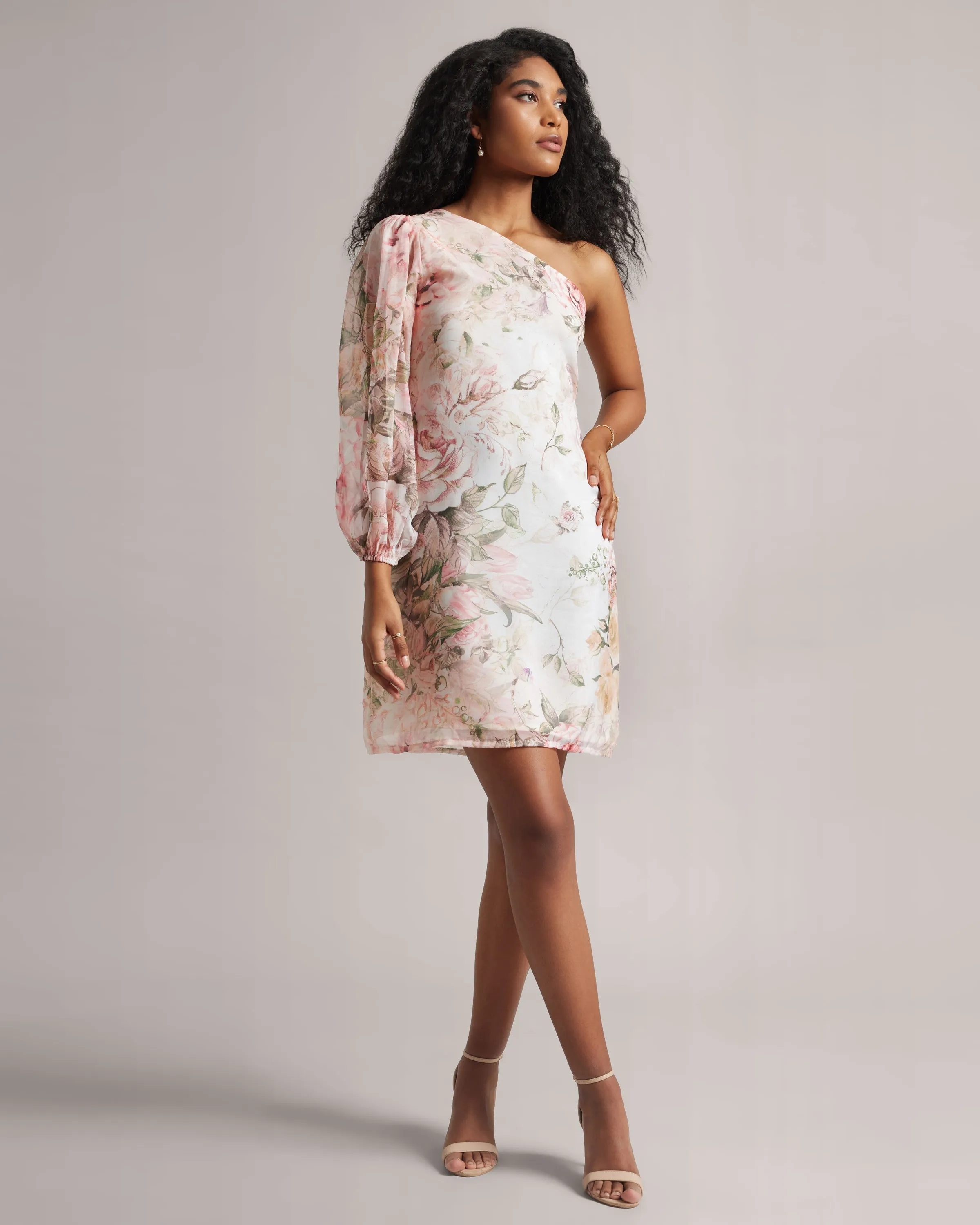 Blush Pink One Shoulder Floral A-Line Dress