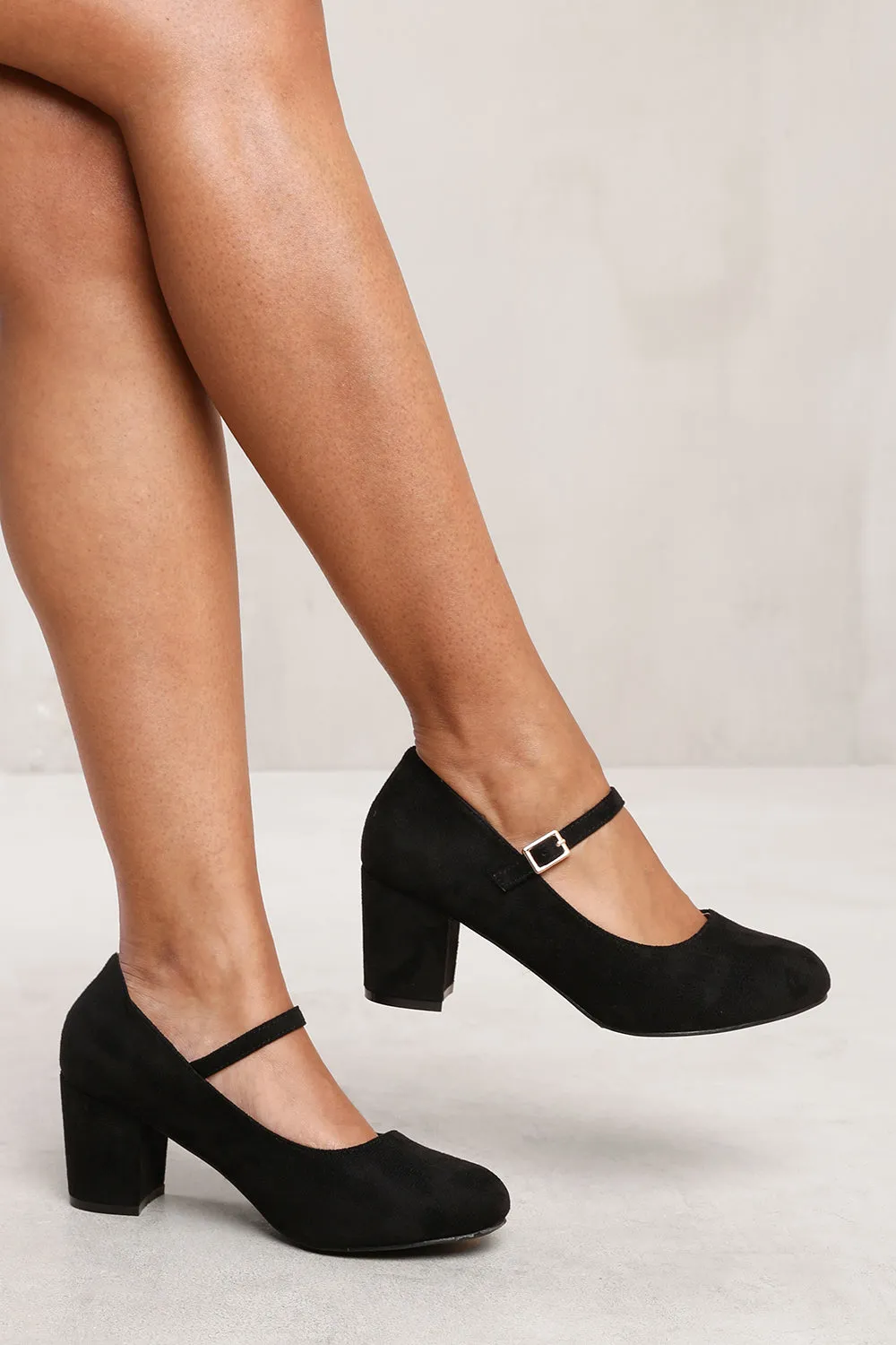 EFFIE BLOCK HEEL MARY JANE PUMPS IN BLACK SUEDE