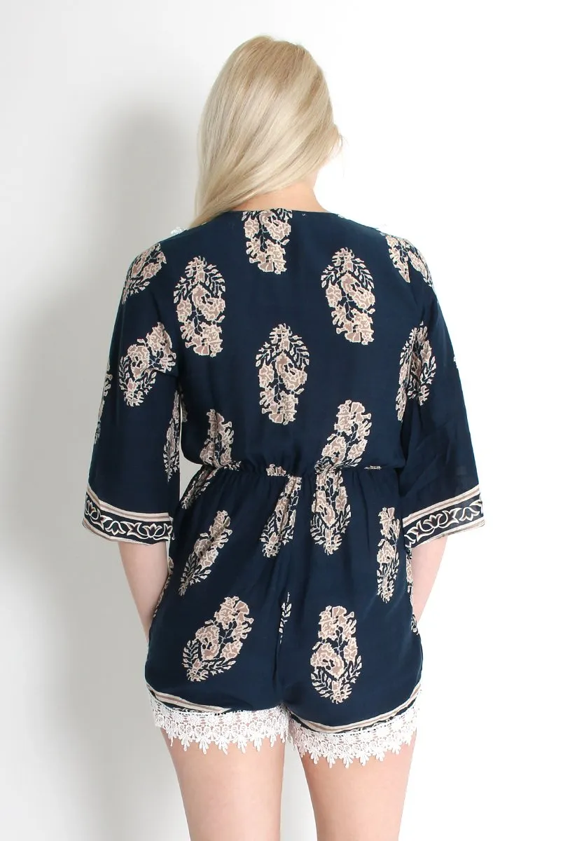 Emmy Navy Paisley Print Crochet Playsuit