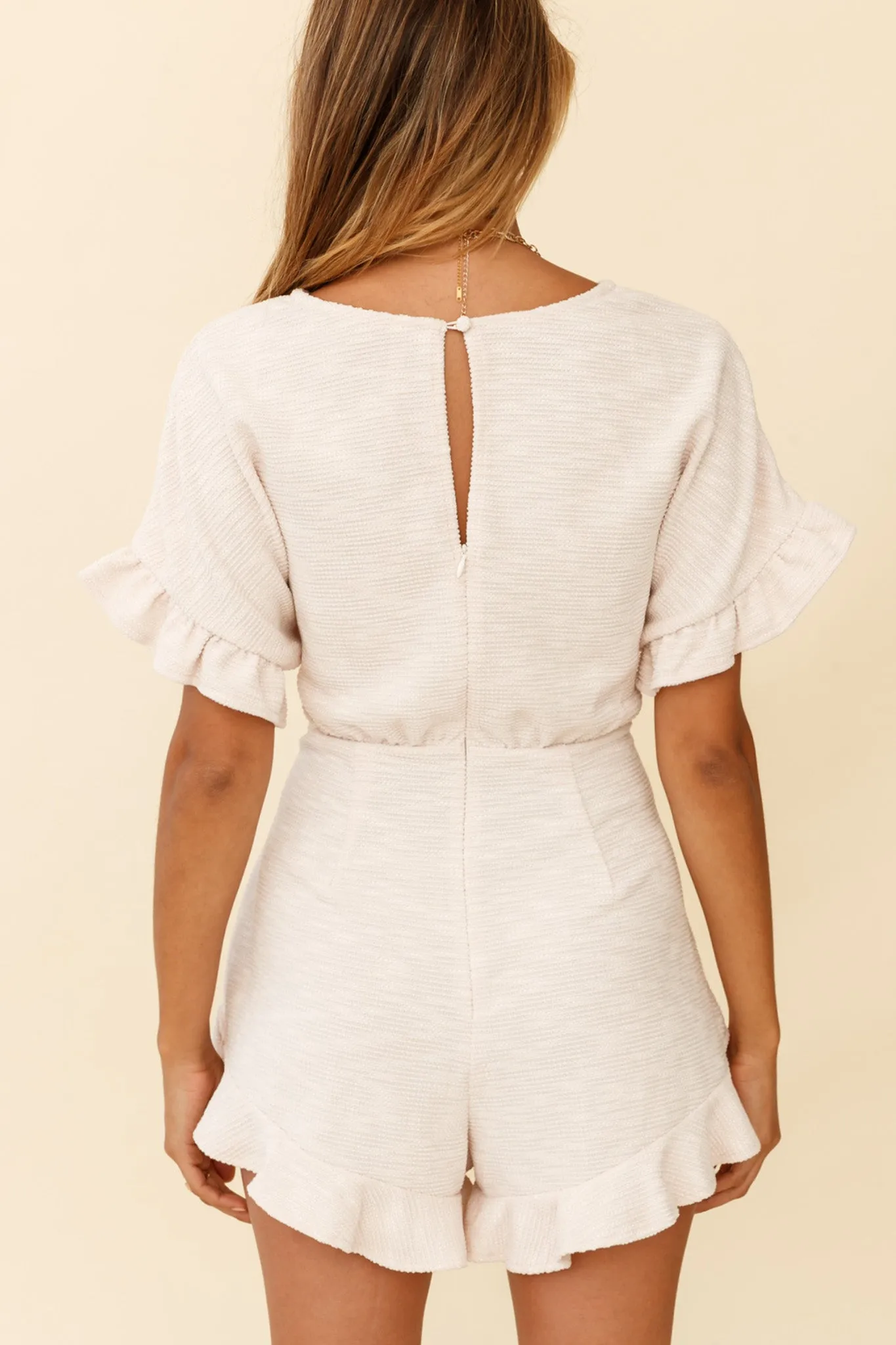 Feelin' Blessed Waist-Tie Frill Trim Romper Beige