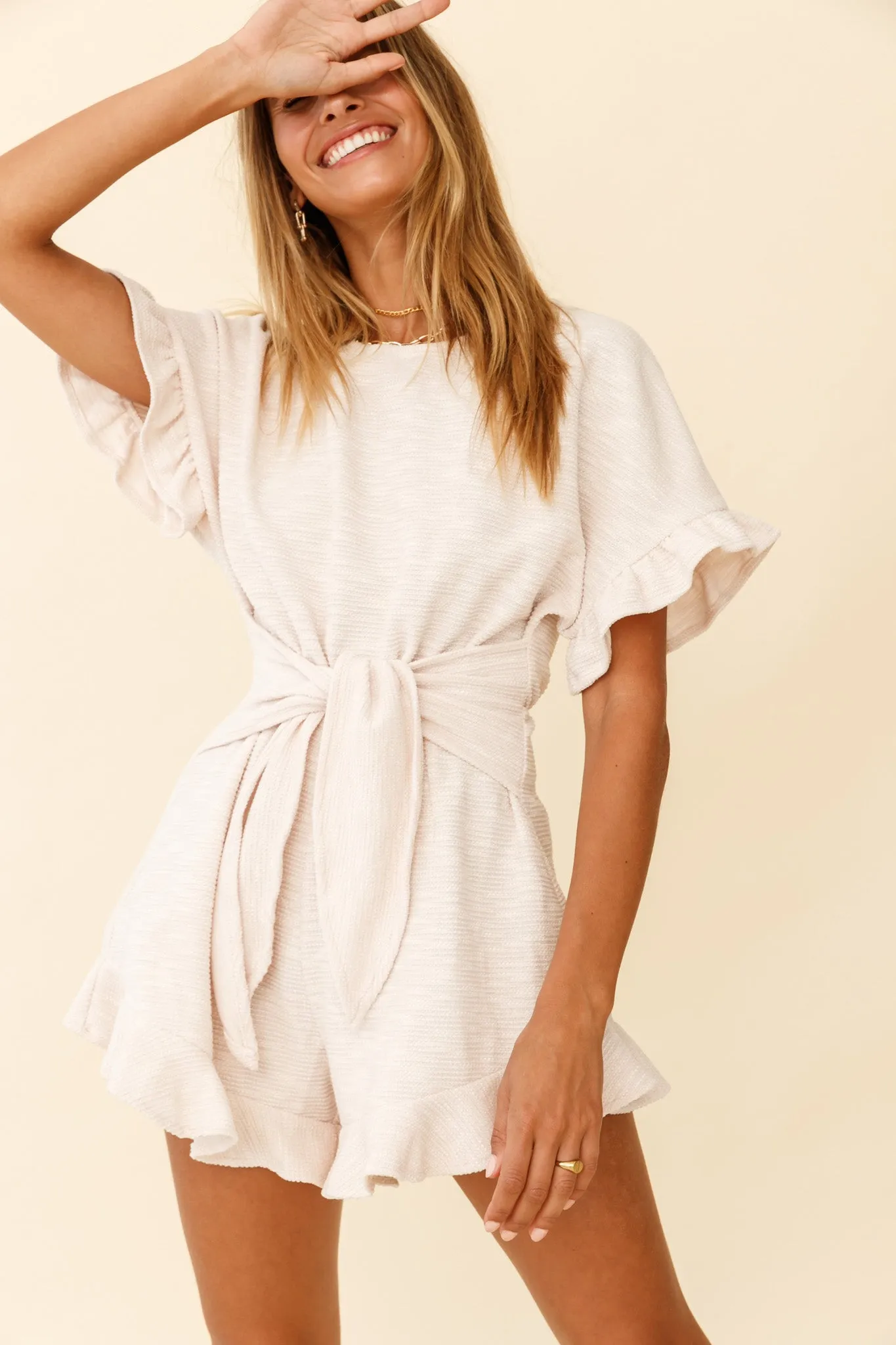 Feelin' Blessed Waist-Tie Frill Trim Romper Beige