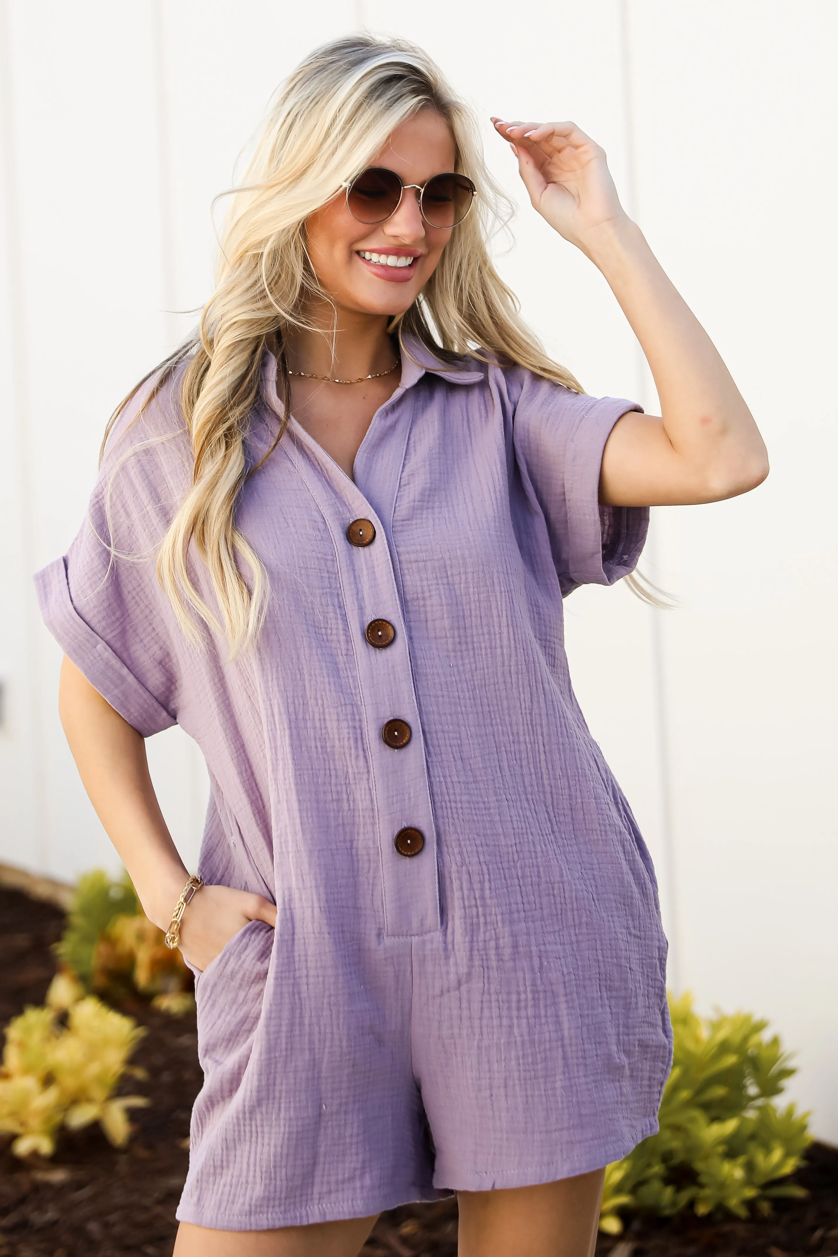 FINAL SALE - Playful Mood Lavender Linen Romper