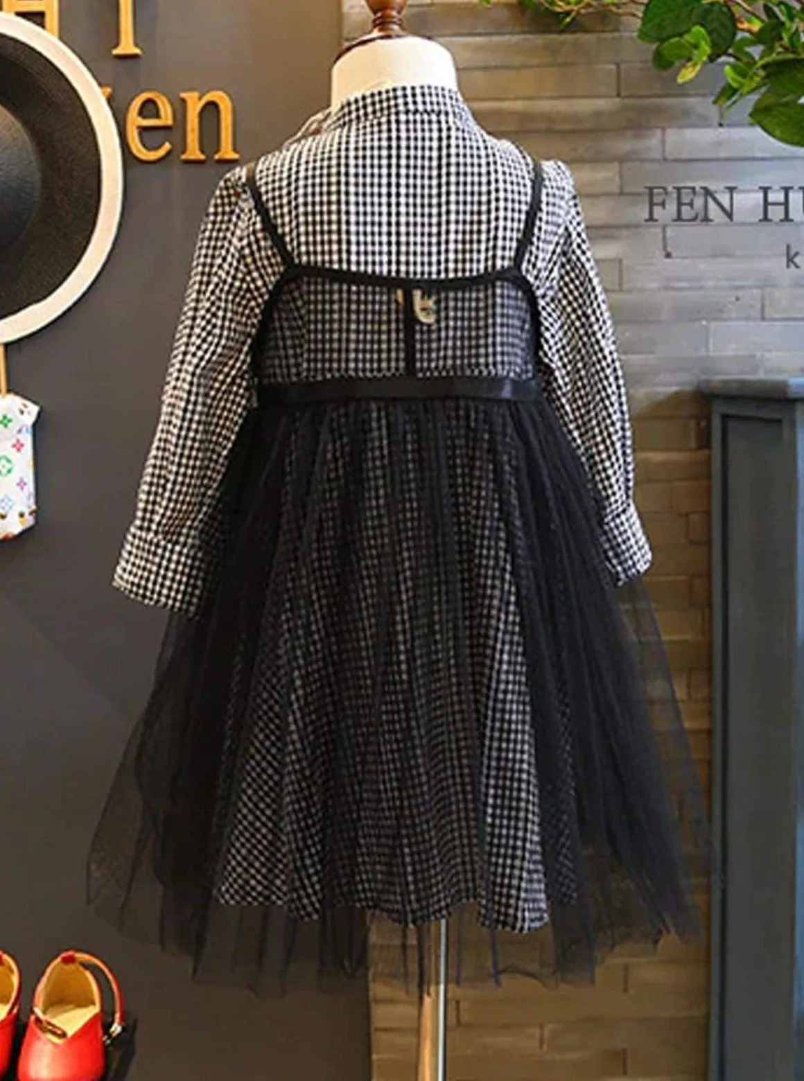 Girls Black Gingham Preppy Dress with Mesh Dress Set