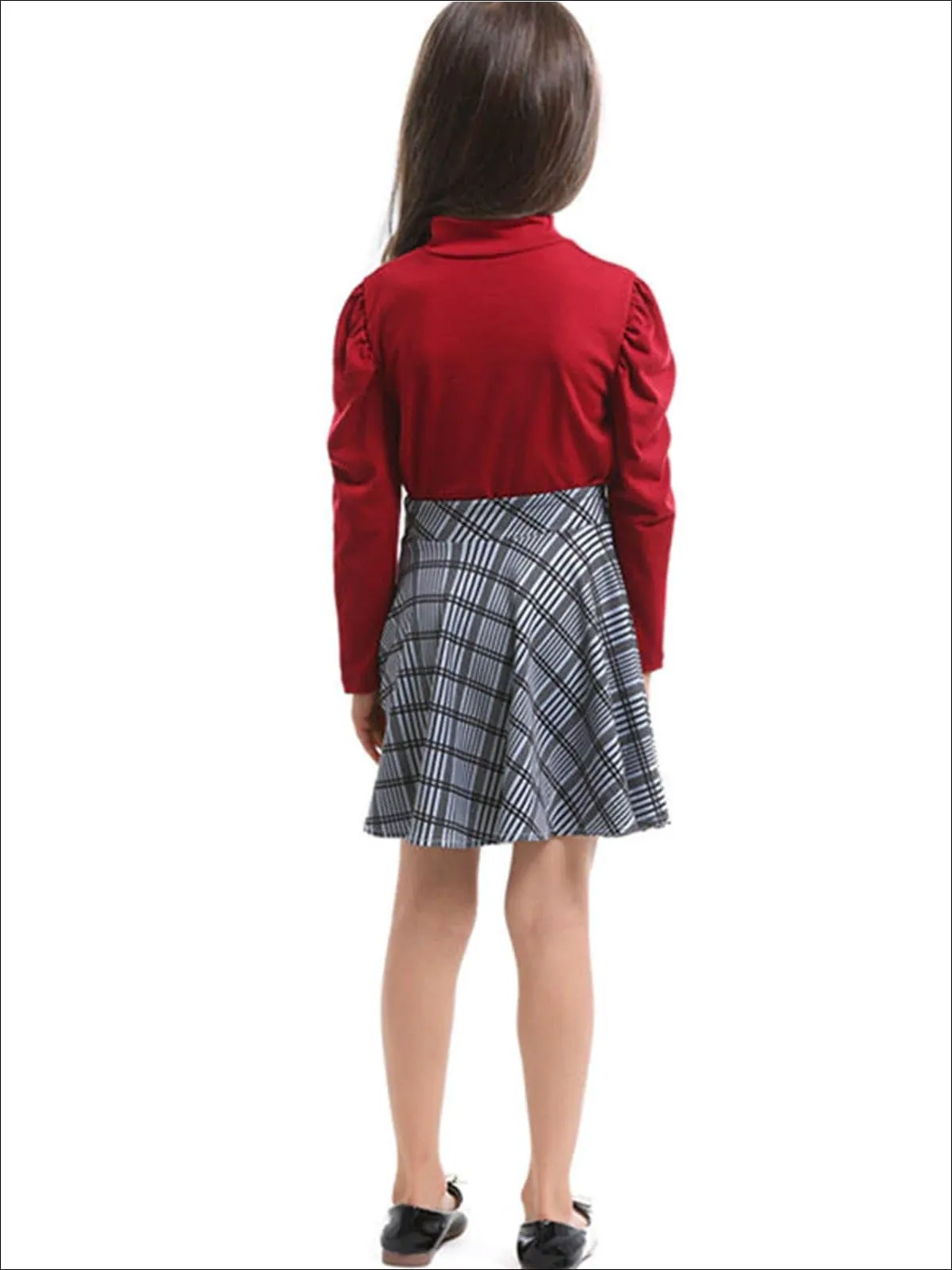 Girls Preppy Red Puff Sleeve Mock Neck Top And Grey Plaid Skirt Set