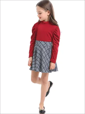 Girls Preppy Red Puff Sleeve Mock Neck Top And Grey Plaid Skirt Set