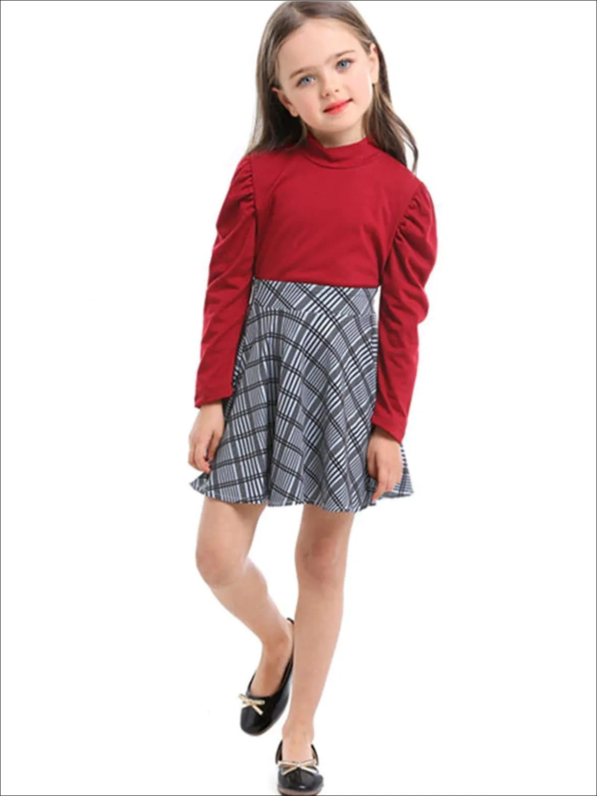 Girls Preppy Red Puff Sleeve Mock Neck Top And Grey Plaid Skirt Set