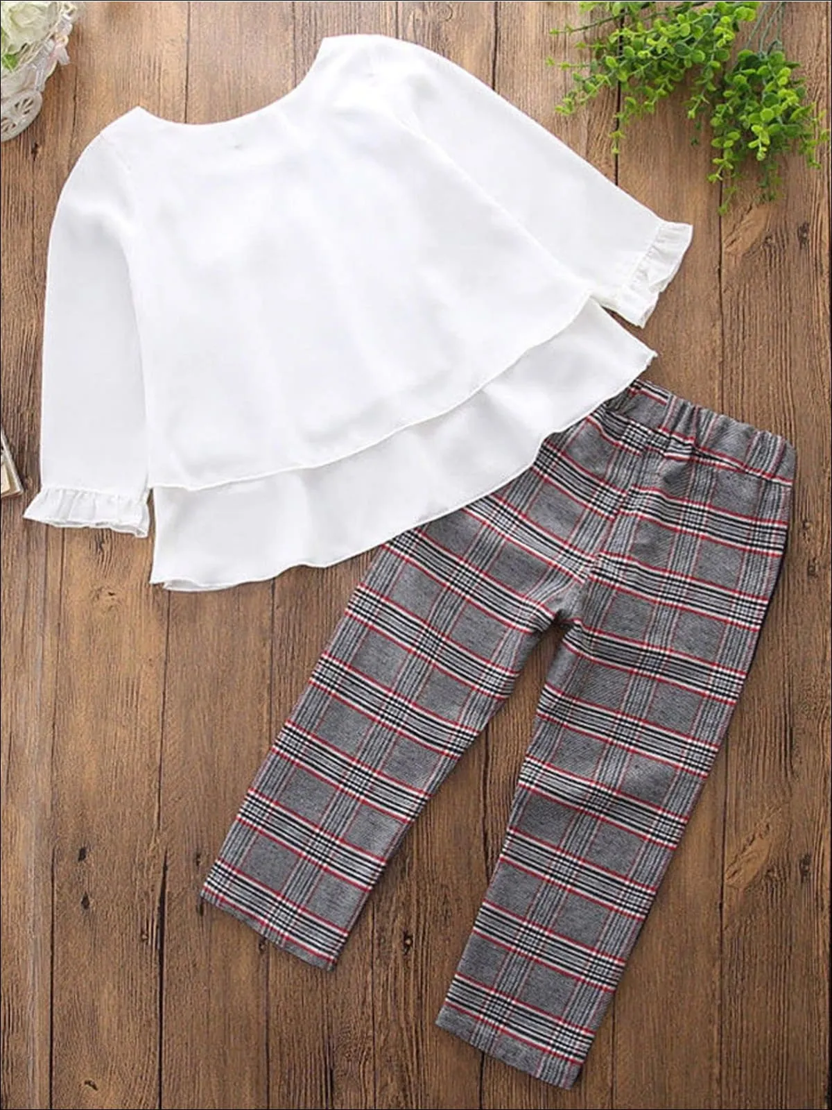 Girls Preppy White Long Sleeve Layered Ruffle Blouse With Ribbon And Plaid Trousers Set