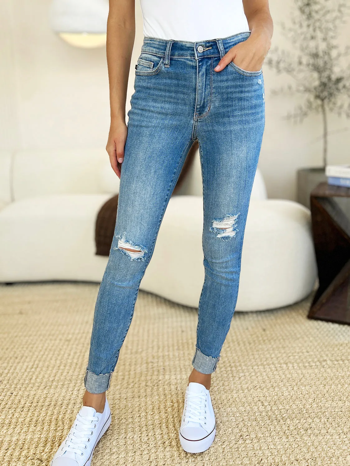 Judy Blue Mid Rise Destroy & Cuff Skinny Jeans [Online Exclusive]