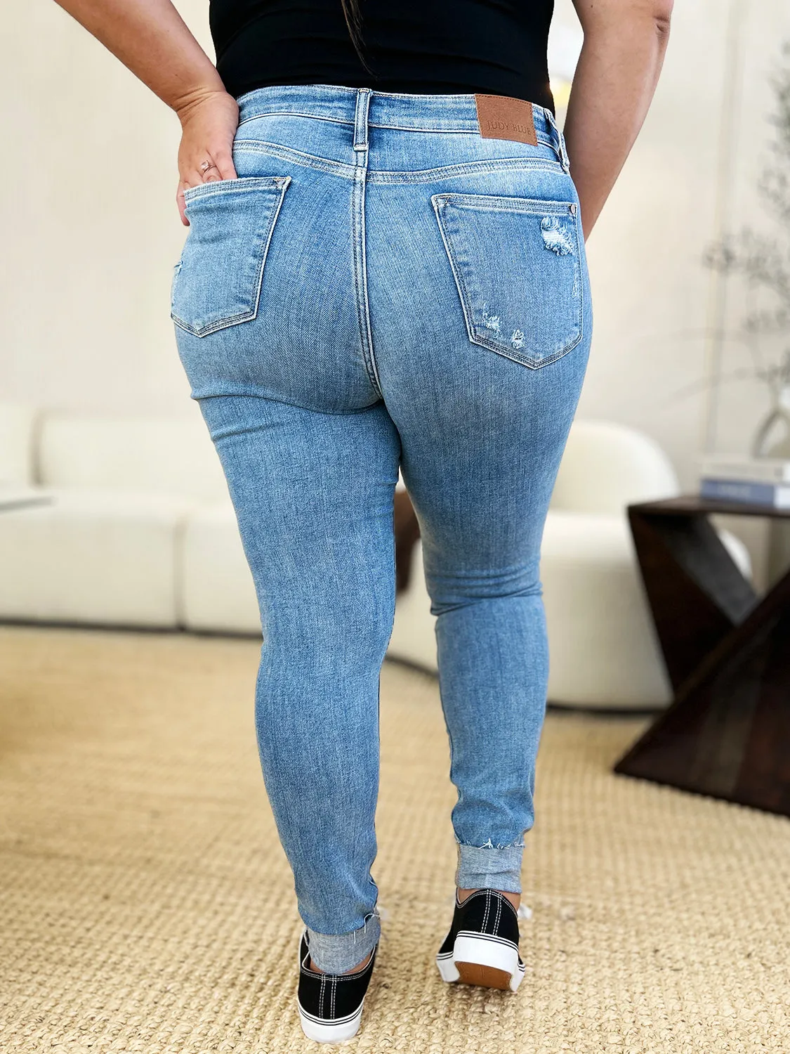 Judy Blue Mid Rise Destroy & Cuff Skinny Jeans [Online Exclusive]