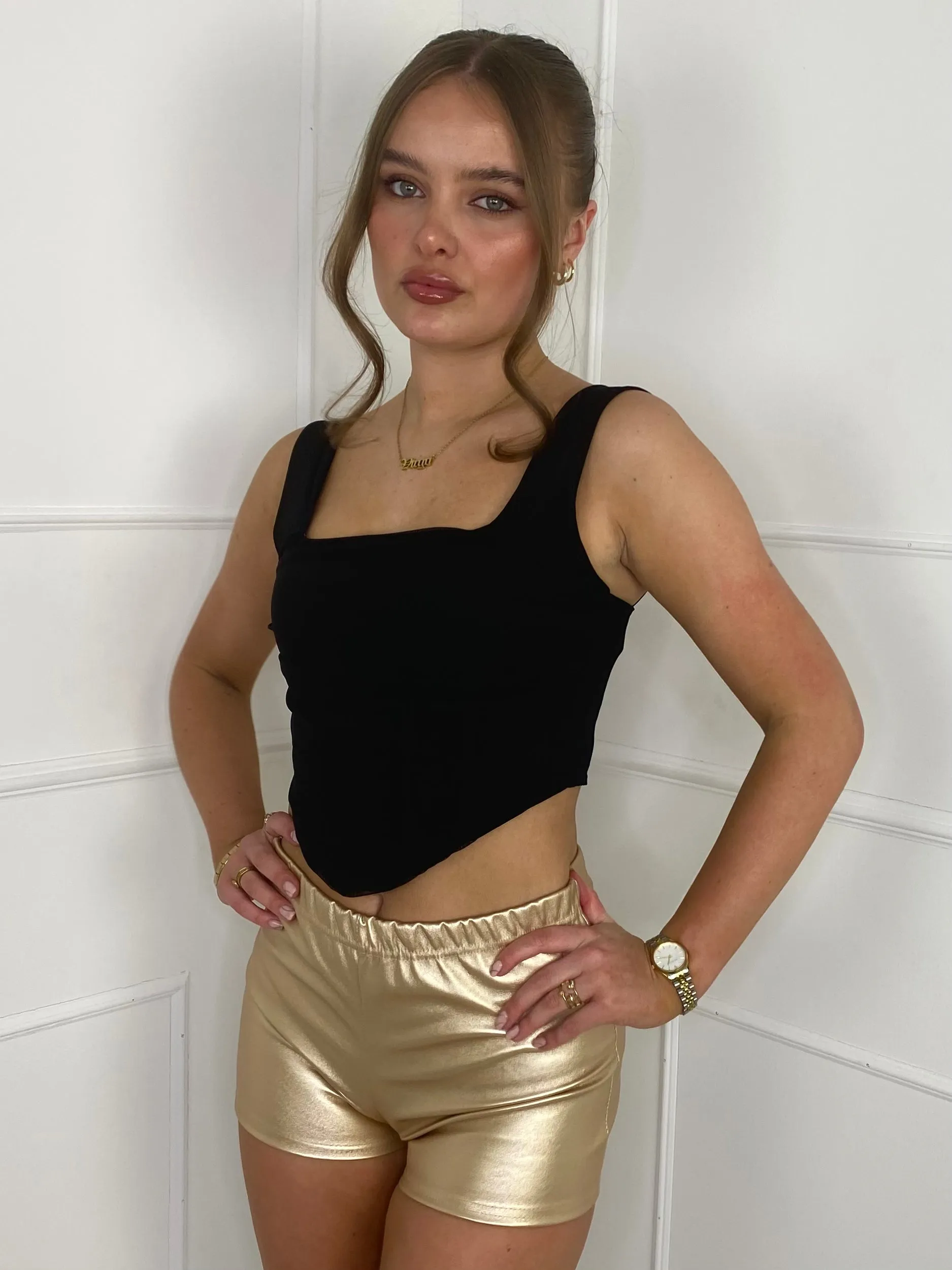 Low Waisted Matte PVC Shorts- Gold