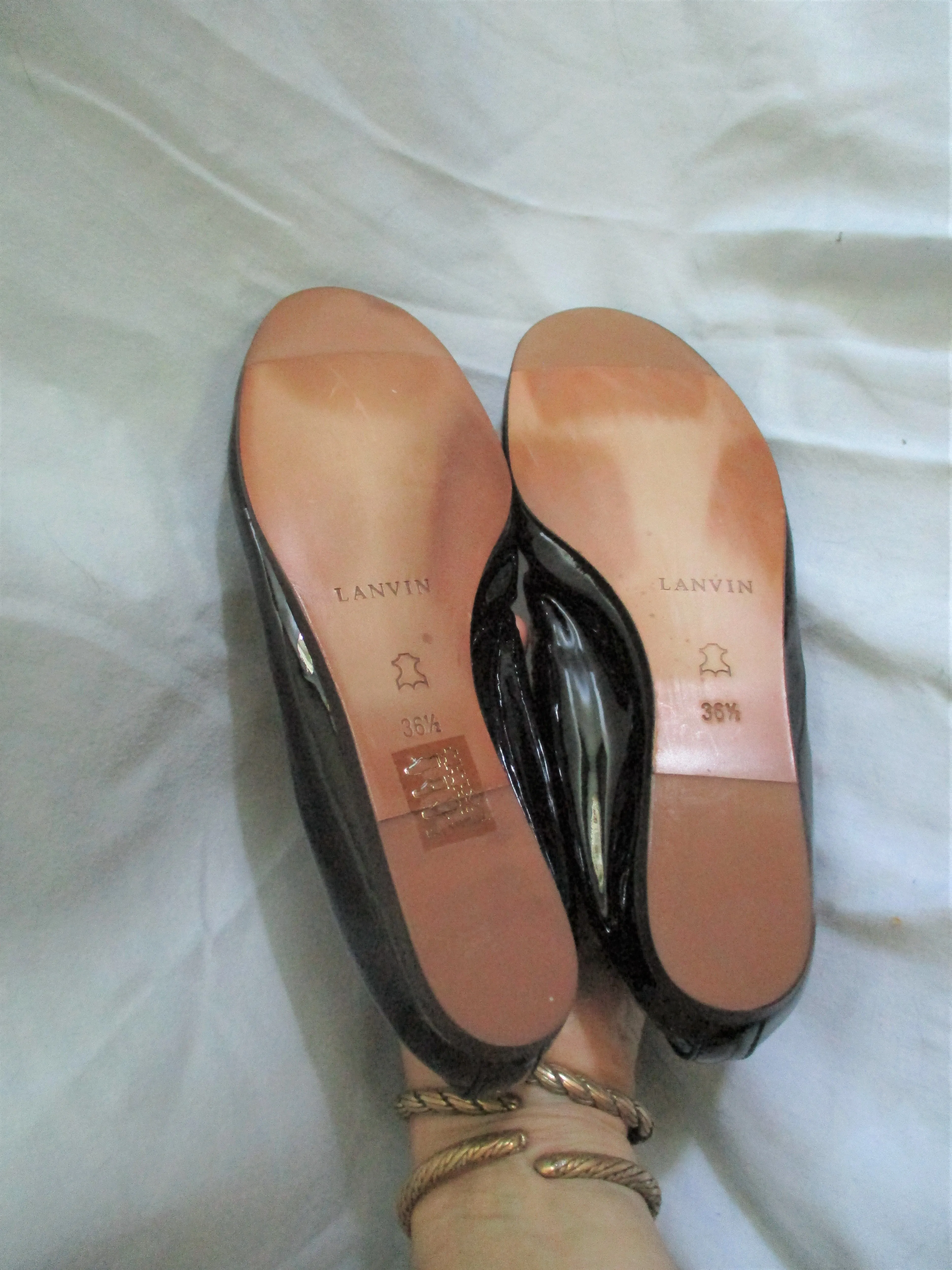 NEW LANVIN Patent Leather Ballet Flat Shoe 36.5 Peep Toe Slipper BLACK