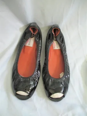 NEW LANVIN Patent Leather Ballet Flat Shoe 36.5 Peep Toe Slipper BLACK