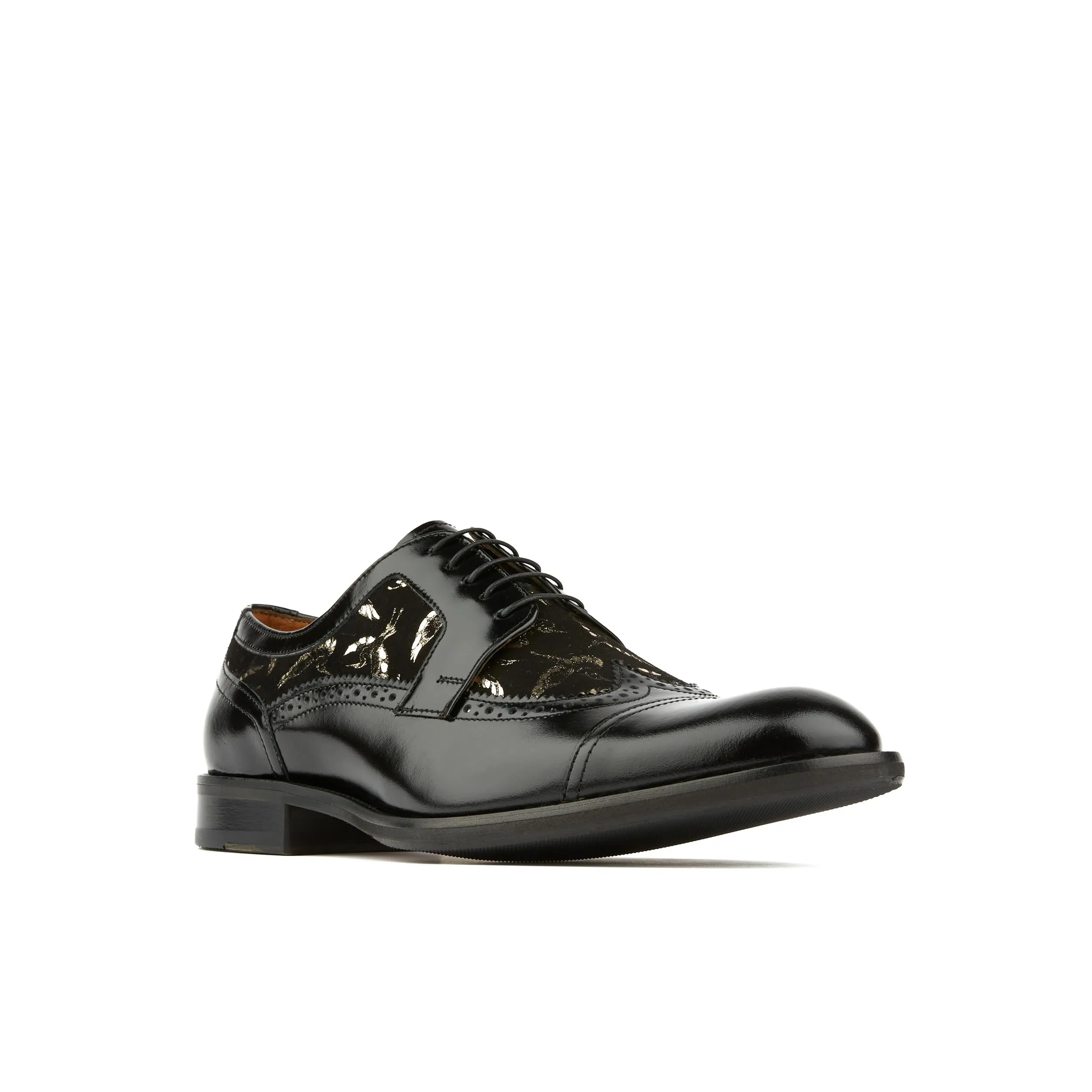 Orlando - Black Gold - Men's leather dressy shoe with toe cap and brogue detailing