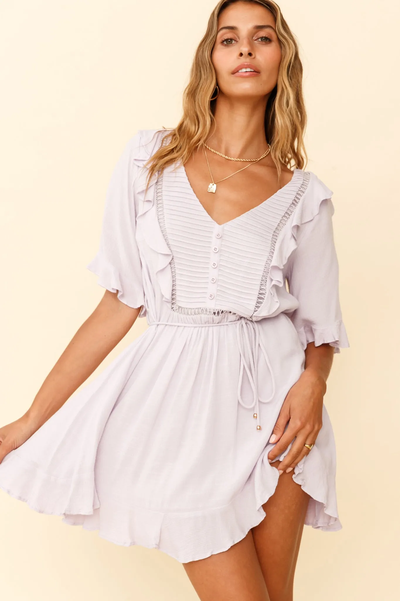 Promenade Faux Placket Pintuck Dress Lilac