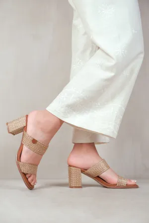 SLAYED STATEMENT PLATFORM STRAPPY BLOCK HIGH HEELS IN NATURAL RAFFIA