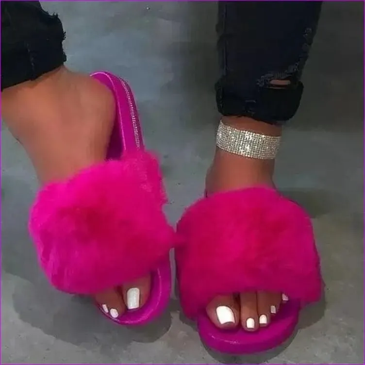 Spring/Summer New Rhinestone Flat Bottom Oversized Furry Sandals and Slippers