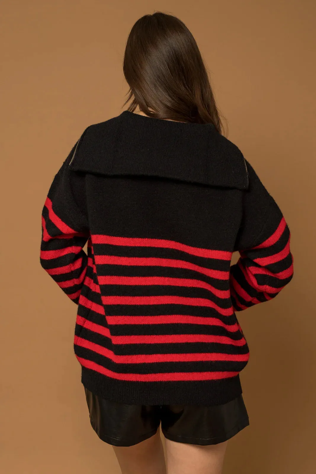 Stripe Half Zip Up Turtleneck Sweater