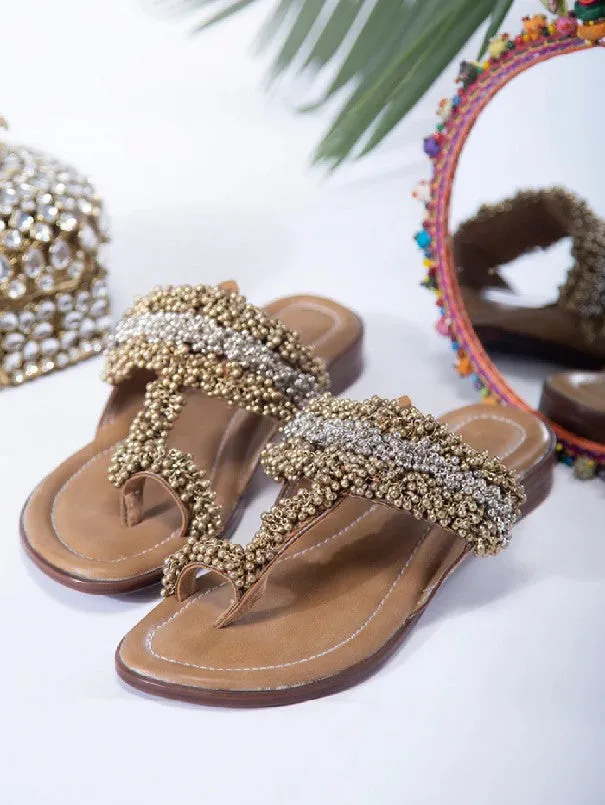 Tan Gold & Silver Ghungroo Embellished Kolhapuri Flats