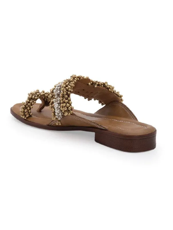 Tan Gold & Silver Ghungroo Embellished Kolhapuri Flats