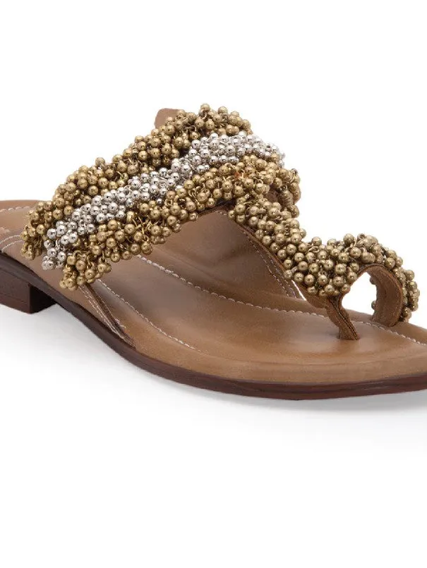 Tan Gold & Silver Ghungroo Embellished Kolhapuri Flats