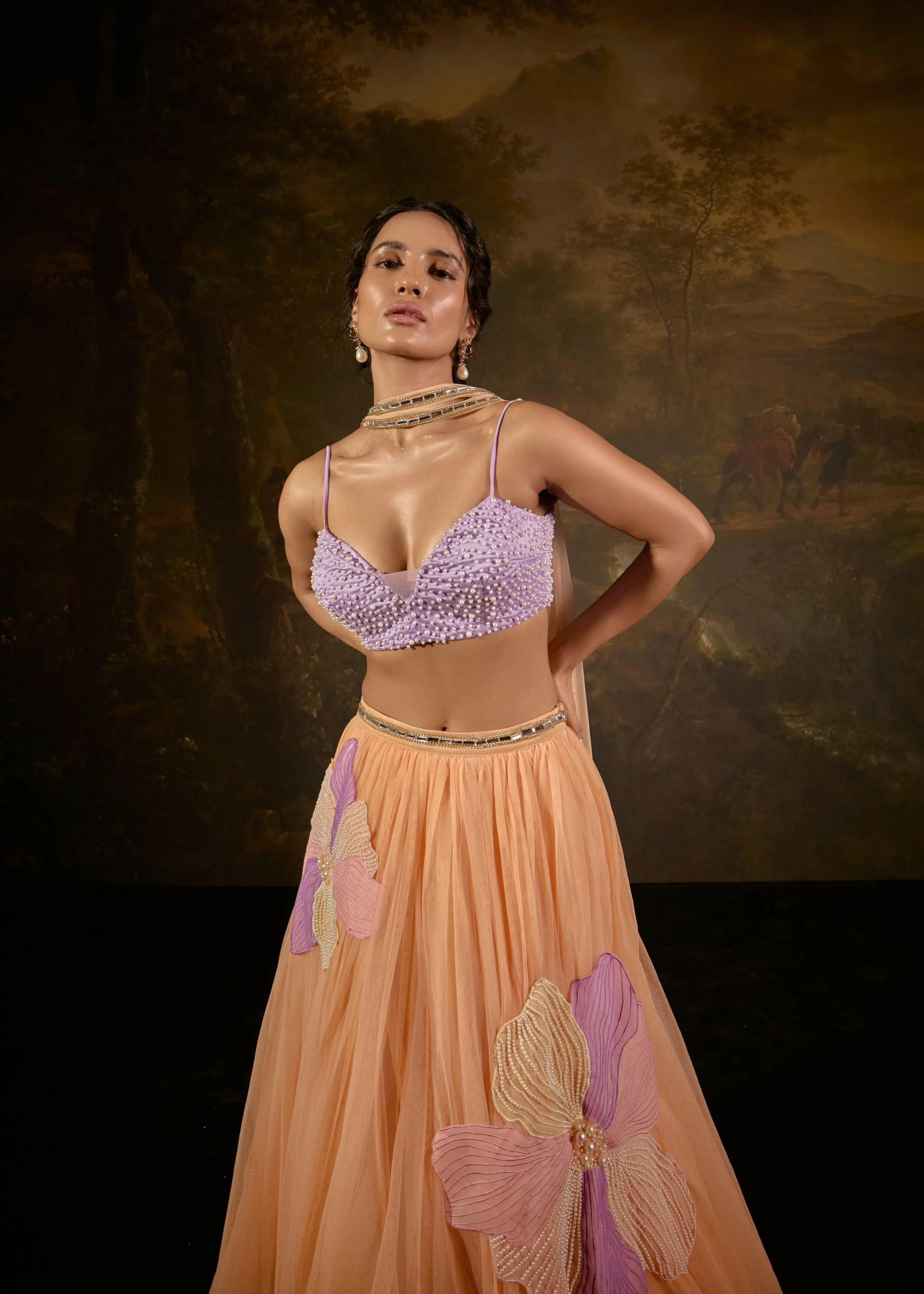 Tasmeekh Lavender And Orange Embroidered Lehenga Set