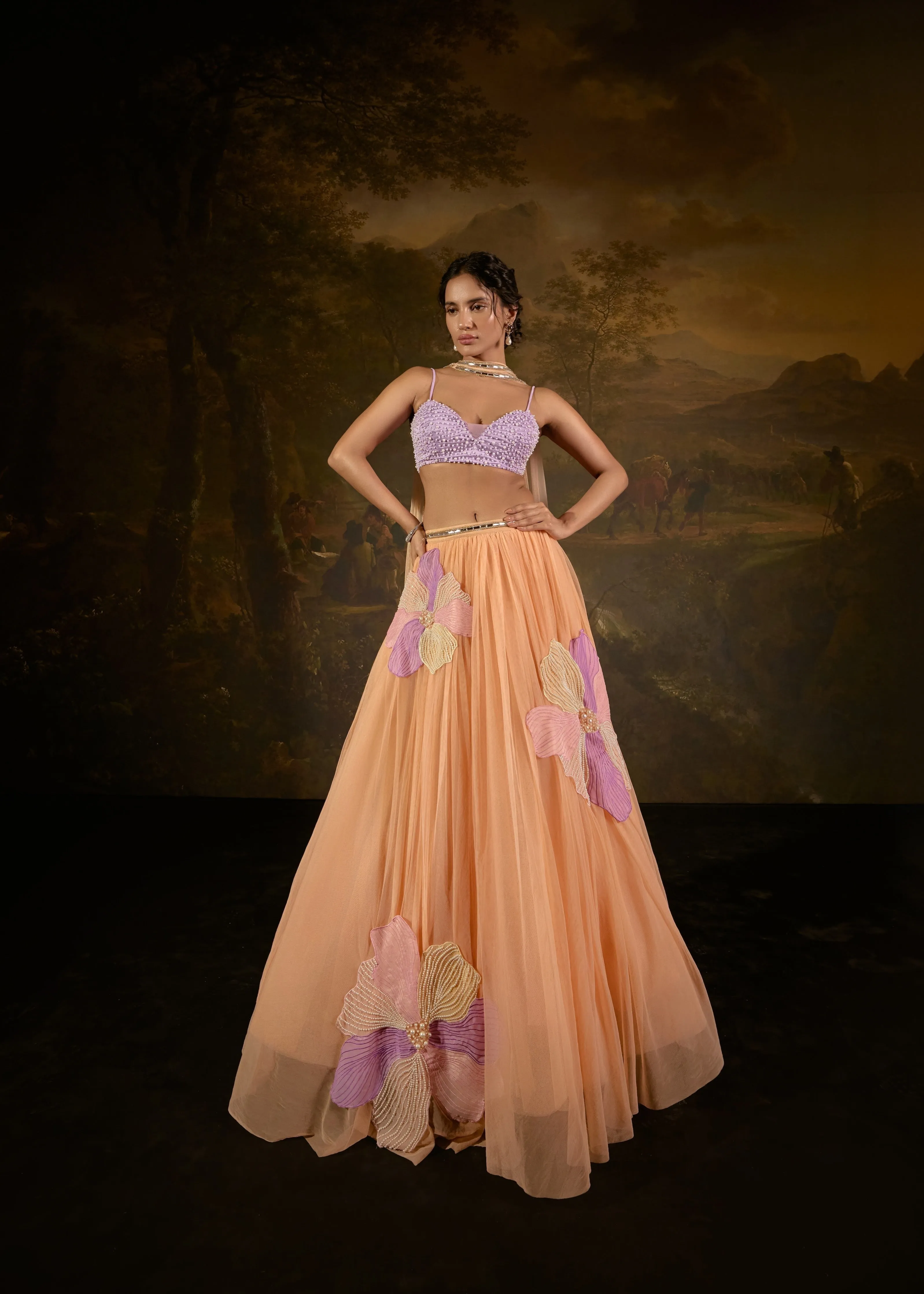 Tasmeekh Lavender And Orange Embroidered Lehenga Set