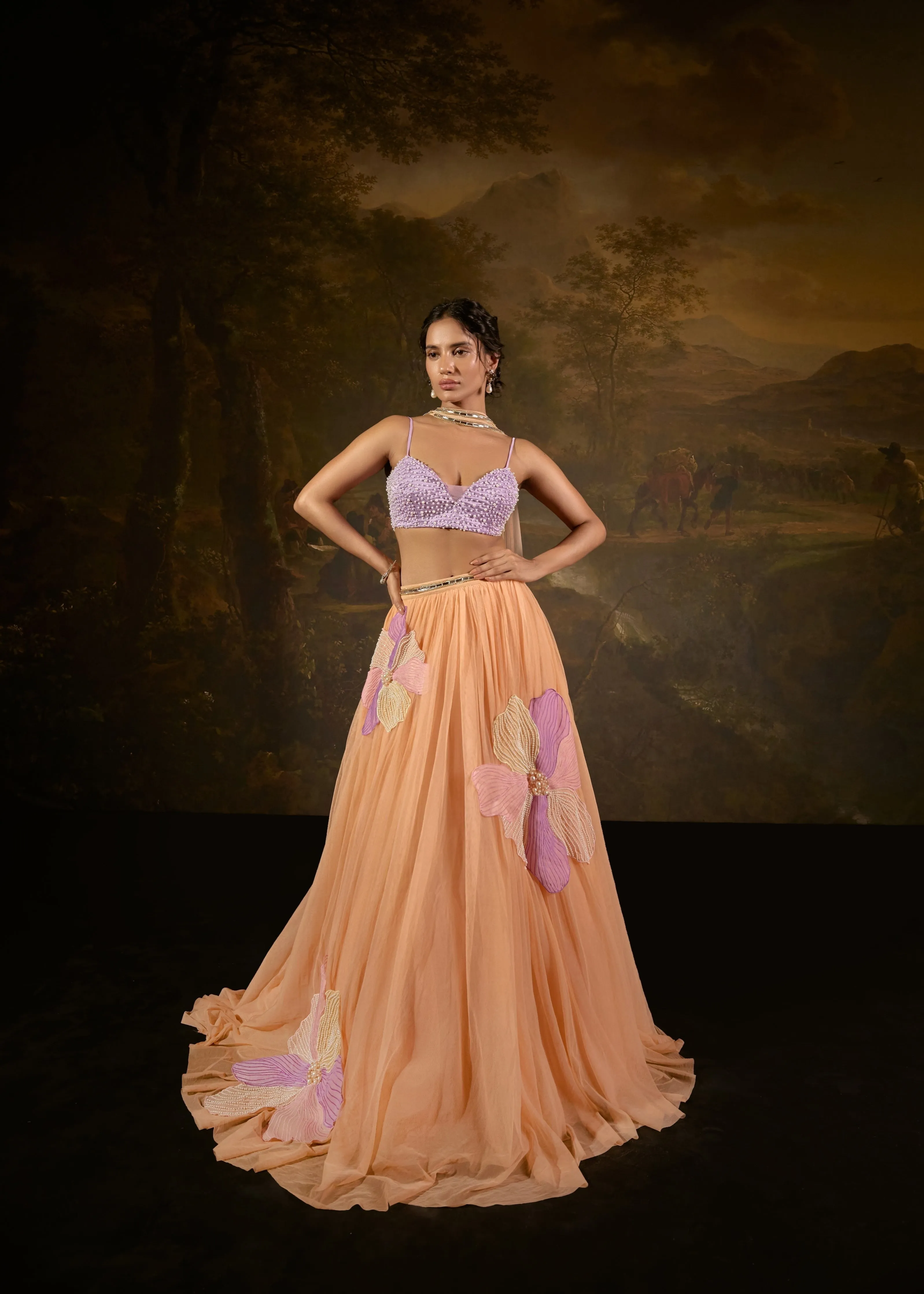 Tasmeekh Lavender And Orange Embroidered Lehenga Set