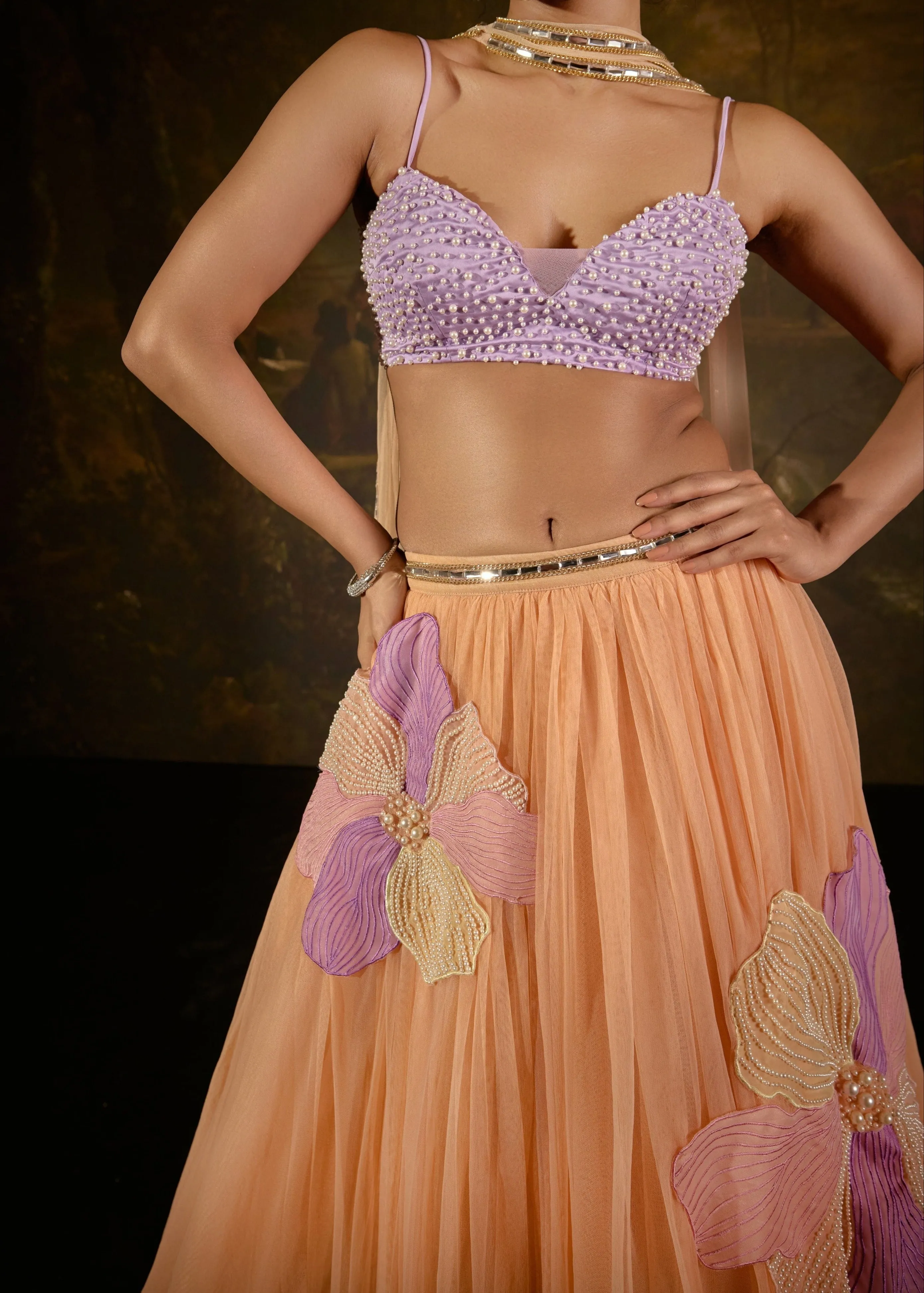 Tasmeekh Lavender And Orange Embroidered Lehenga Set