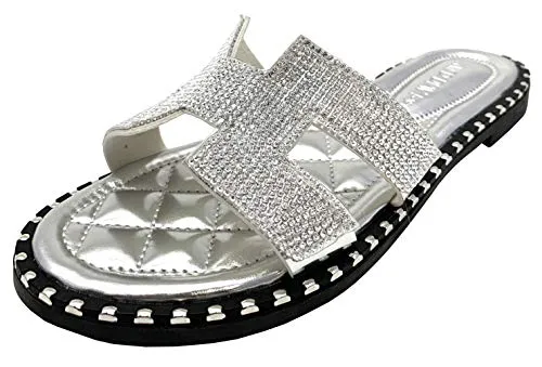 TIA-02 WOMEN'S OPEN TOE FASHION FLAT SANDALS RHINESTONE SLIP-ON FLIP FLOP