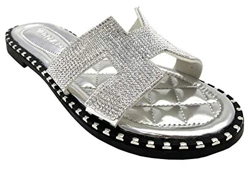 TIA-02 WOMEN'S OPEN TOE FASHION FLAT SANDALS RHINESTONE SLIP-ON FLIP FLOP