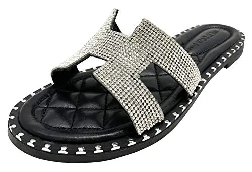 TIA-02 WOMEN'S OPEN TOE FASHION FLAT SANDALS RHINESTONE SLIP-ON FLIP FLOP