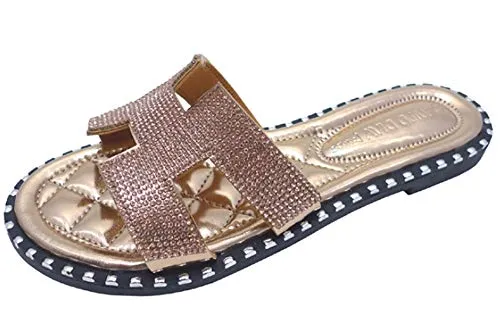 TIA-02 WOMEN'S OPEN TOE FASHION FLAT SANDALS RHINESTONE SLIP-ON FLIP FLOP