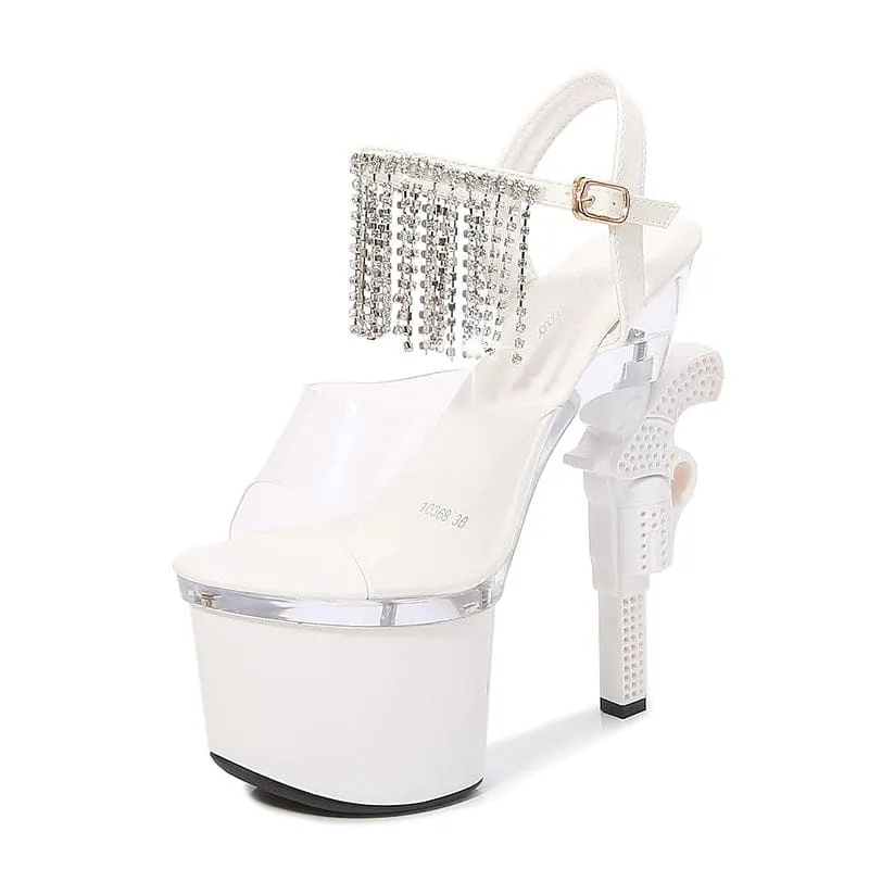 Unique Revolver Shaped Heel Transparent Platform Sandals with Rhinestones