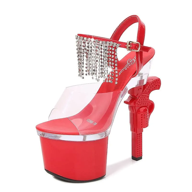 Unique Revolver Shaped Heel Transparent Platform Sandals with Rhinestones