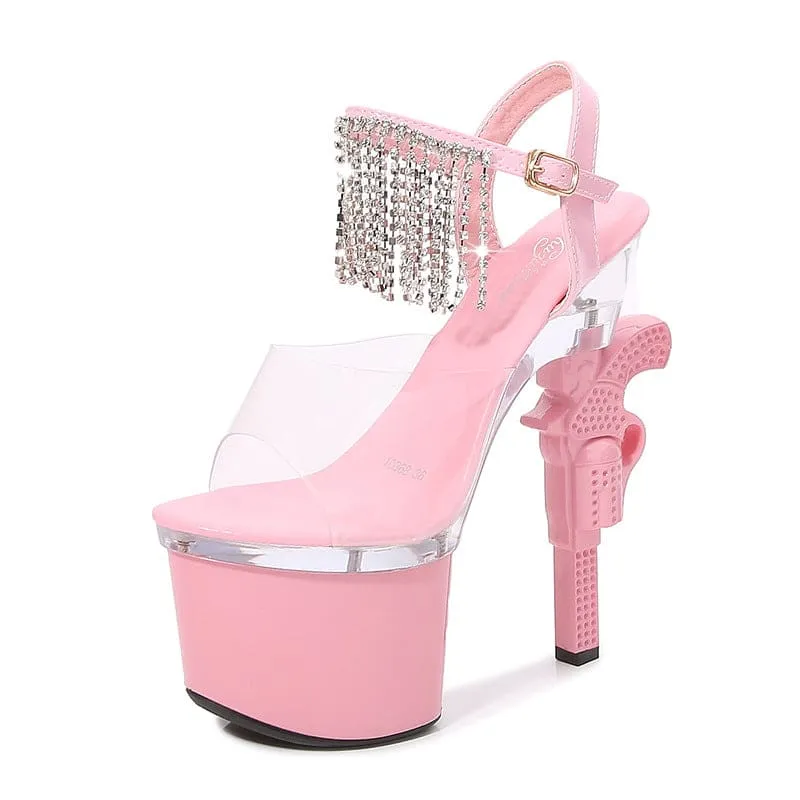 Unique Revolver Shaped Heel Transparent Platform Sandals with Rhinestones