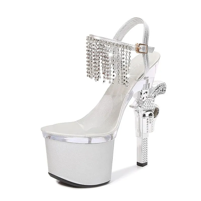 Unique Revolver Shaped Heel Transparent Platform Sandals with Rhinestones