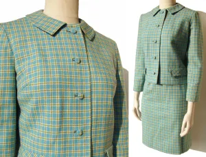 Vintage 60s Pendleton Skirt Suit Turquoise Wool Plaid S / M